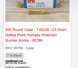 7.62x39 Hornady Hollowpoint 500 Rounds